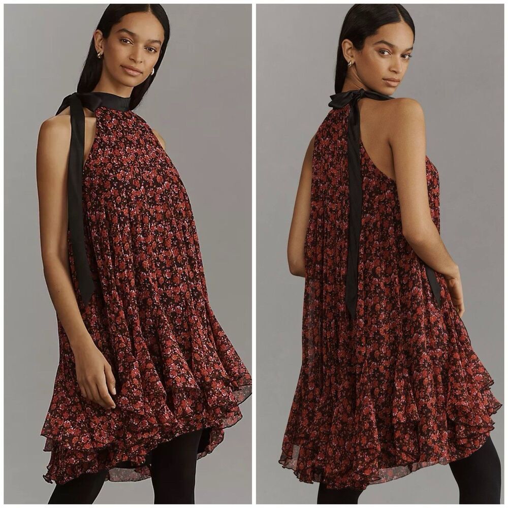 Anthropologie Tie Neck Halter Ruffled Mini Dress Size XL Floral Print Feminine